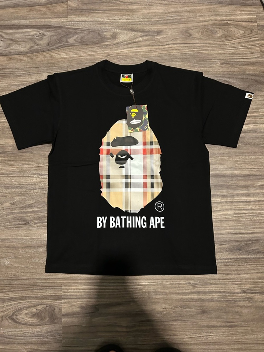Bape Black Tee with Beige Plaid Ape Head